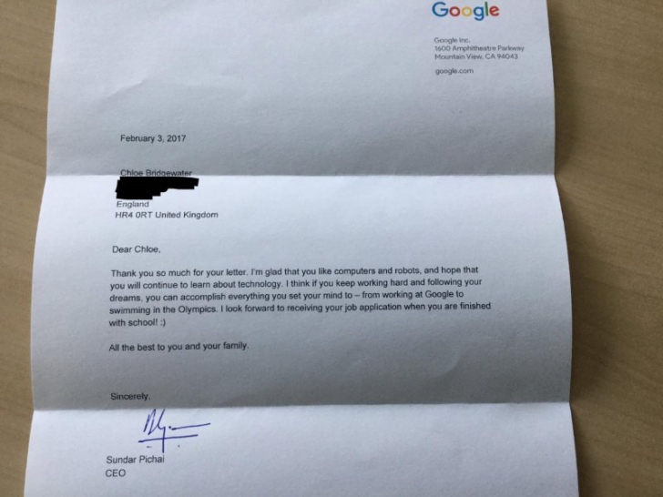 O fetiţă de 7 ani le-a scris celor de la Google să le ceară un job. Surpriză - CEO-ul i-a răspuns!