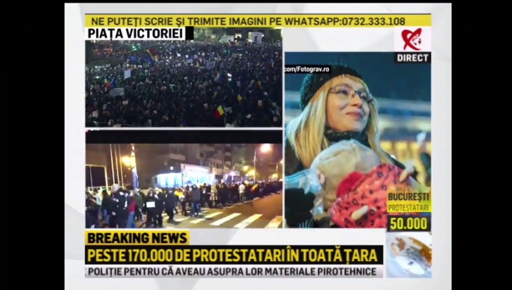 A patra zi de proteste în Bucureşti: 150.000 de oameni au fost, vineri seară, în Piaţa Victoriei