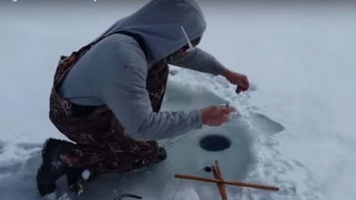 Au tot tras de firul lăsat în apa înghețată până când...ȘOC. Ce creatură au scos prin copcă 