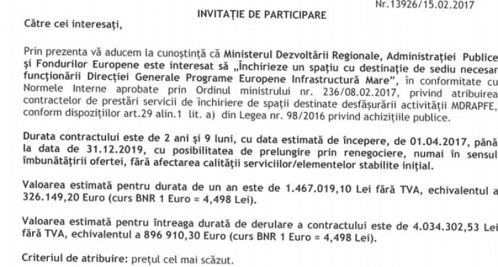 Ministerul Dezvoltării, dispus să aloce 320 000 euro/an pentru închirierea unui sediu. Răspunsul dat