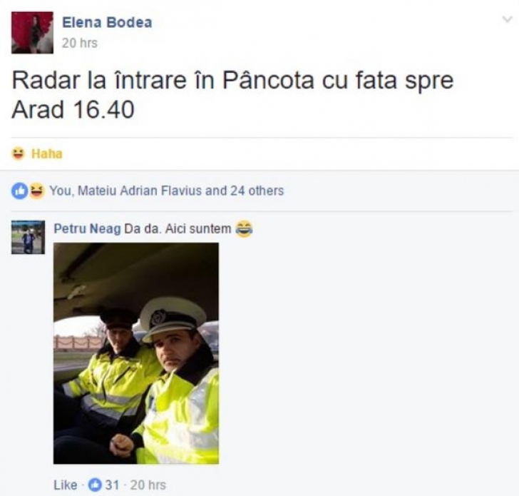 O şoferiţă a avertizat pe Facebook: ”Radar la intrarea în Pâncota”. Reacţia poliţiştilor e genială