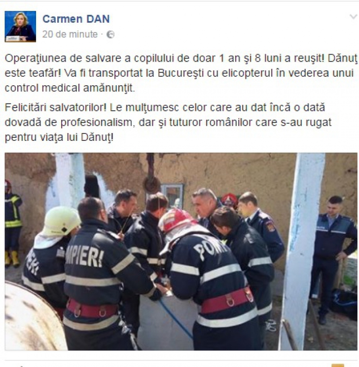 Reacţia ministrului Carmen Dan, după ce copilul căzut în puţ a fost salvat: "Dănuţ este teafăr"