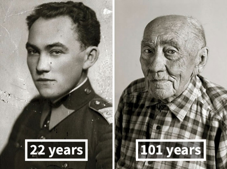 Fotografii inedite cu oameni care au trecut de 100 de ani! Tinerețea pusă în contrast cu bătrânețea