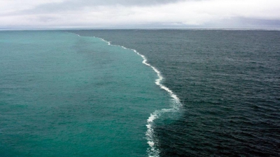 Două oceane, Pacific și Artic, se întâlnesc în Golful Alaska, dar niciodată nu se amestecă. Cele două oceane, cu apă de culoare diferită, sunt delimitate de o linie de spumă.