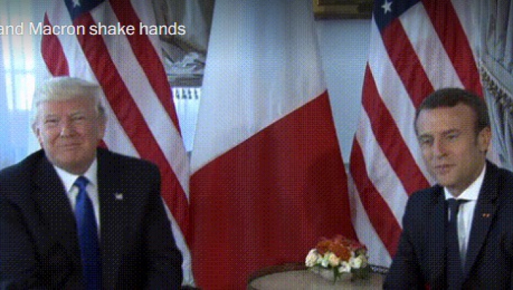 Donald Trump, prima întâlnire cu Emmanuel Macron. Strângerea de mână, nu tocmai "cordială"