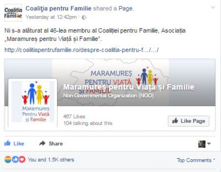 Pagina de Facebook a Coaliței pentru Familie a fost ”ATACATĂ” cu stegulețele gay