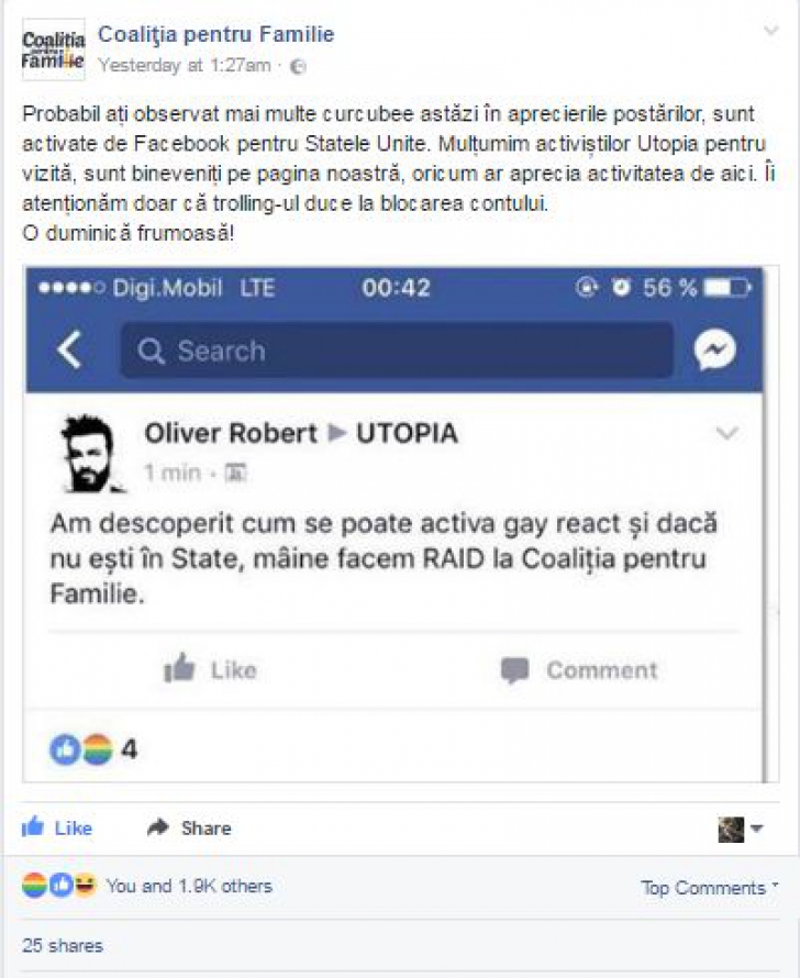 Pagina de Facebook a Coaliței pentru Familie a fost ”ATACATĂ” cu stegulețele gay
