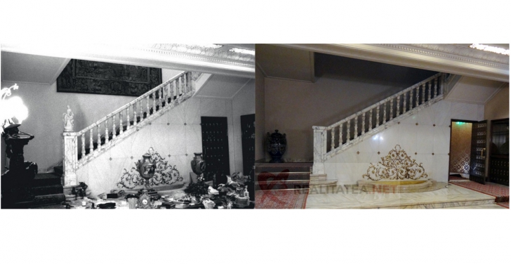 Interior Palatul Primaverii. Foto stanga: inainte de 1989. Foto dreapta: in prezent (Cristian Otopeanu)