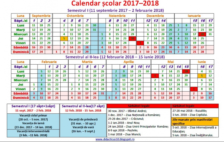 Structura Anului Şcolar 2017-2018: vacanţe, teze, calendar BAC 2018 şi Evaluare Naţională 2018