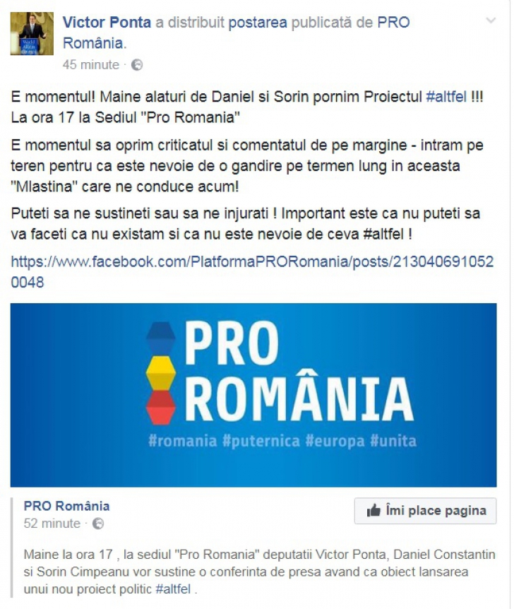Victor Ponta a anunţat, pe Facebook, că se alătură partidului fondat de Daniel Constantin