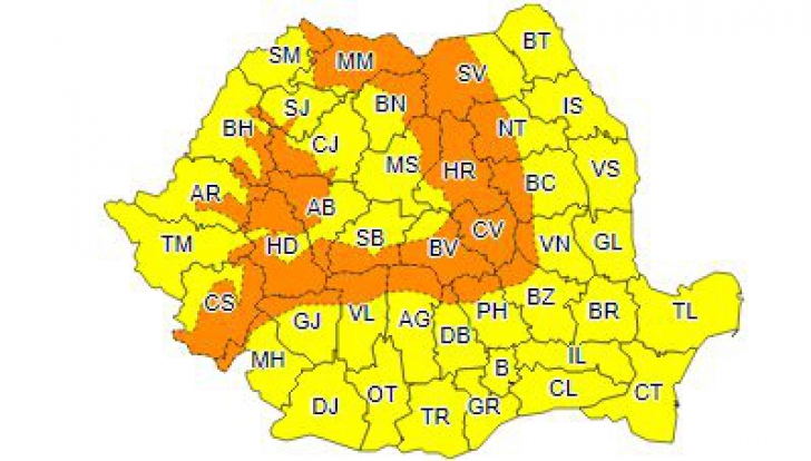 Cod portocaliu și galben de vânt intens, lapoviță și ninsoare în România. Ce zone sunt vizate