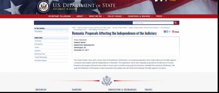 Departamentul de Stat al SUA cere Parlamentului României să RESPINGĂ legile Justiţiei