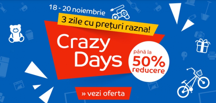 eMAG Crazy Days – Trei zile cu 50% reducere pentru o multime de produse