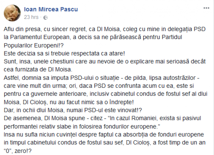 Sorin Moisă, atacat fără menajamente de foștii colegi din PSD, apărat de "dizidenți"