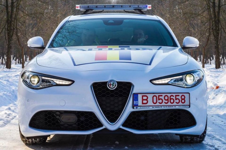 Un Alfa Romeo Giulia al Poliţiei Române, scos la vânzare: ”O decolantăm sau o cumpăraţi aşa?”