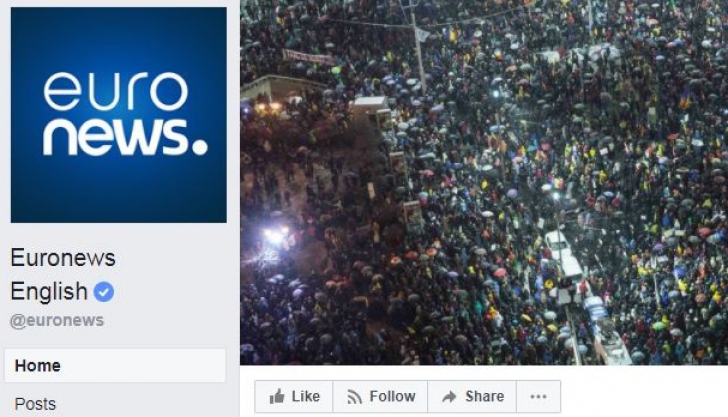 Euronews și-a pus la cover pe Facebook o fotografie de la protestele de sâmbătă din România
