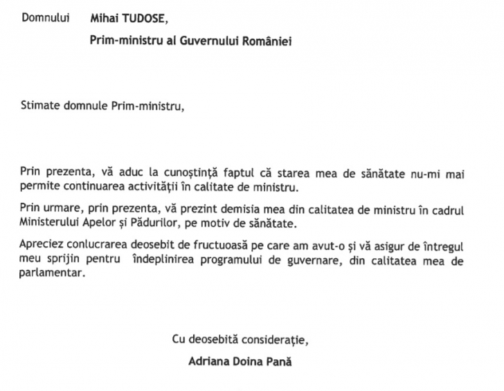 Ministrul Apelor şi Pădurilor, Doina Pană, a demisionat din funcţie, din motive de sănătate