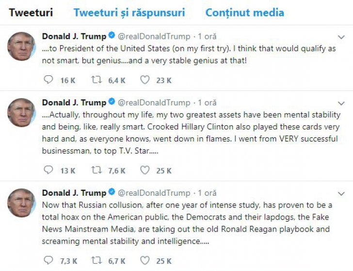 Furios, Trump anunță într-o avalanșă de tweet-uri că este un ”geniu foarte stabil”