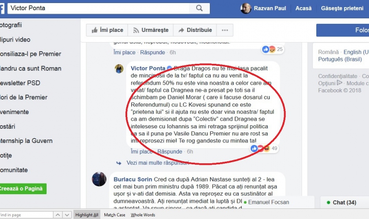 Victor Ponta, postare pe Facebook