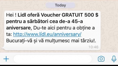 Dacă primeşte acest mesaj de la supermarketul LIDL pe Facebook sau WhatsApp NU îl deschide!
