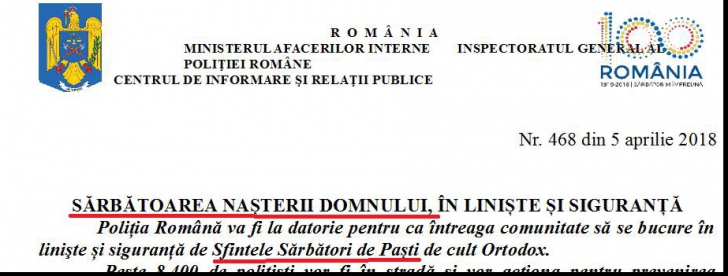 Poliția Română, gafă monumentală în mesajul de Paște. Au încurcat Învierea cu...Crăciunul 