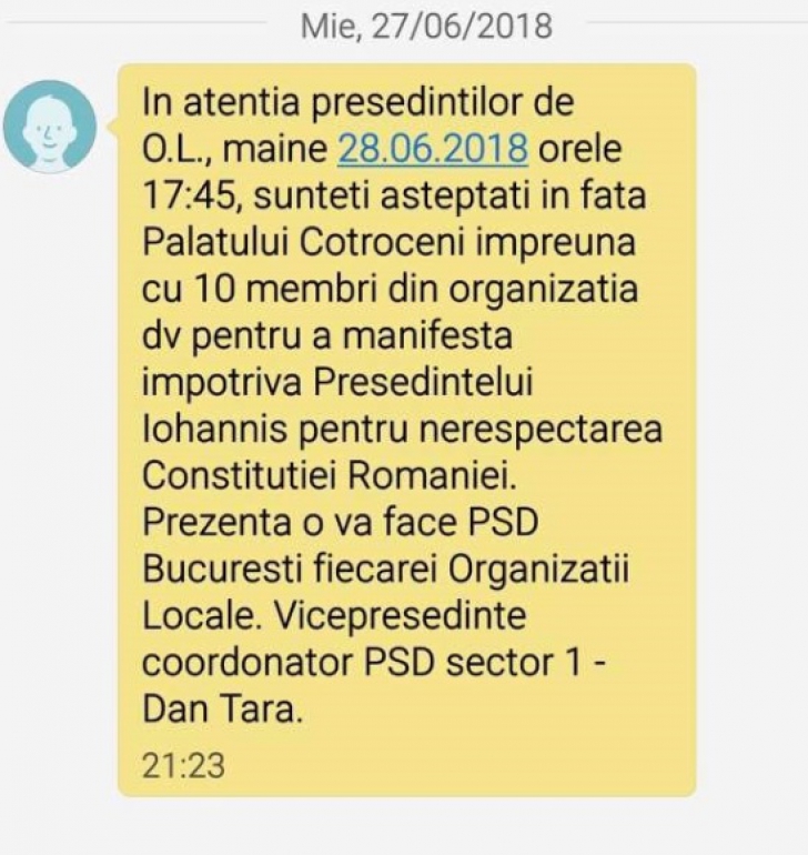 Miting PSD cu forţa la Palatul Cotroceni, în ziua moţiunii de cenzură. SMS-ul dovadă