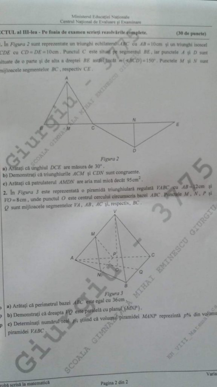 EDU.ro Subiecte Matematica 2018 Evaluare Nationala. 30-30:2=? şi piramida triunghiulară regulată