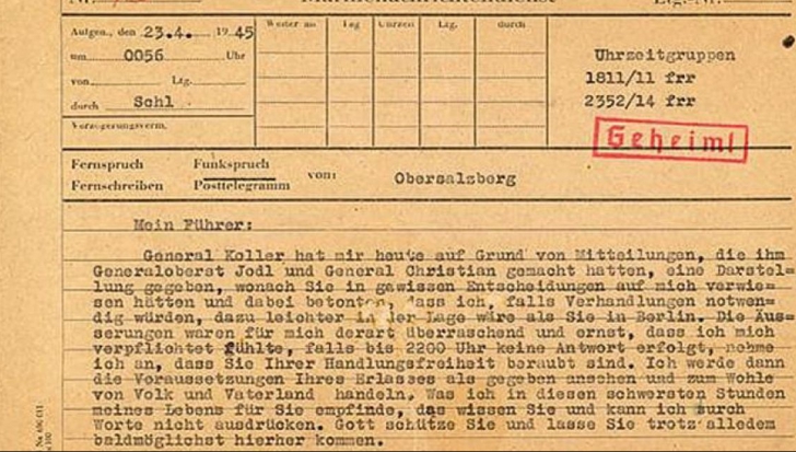 Telegrama care l-a împins pe Hitler la sinucidere