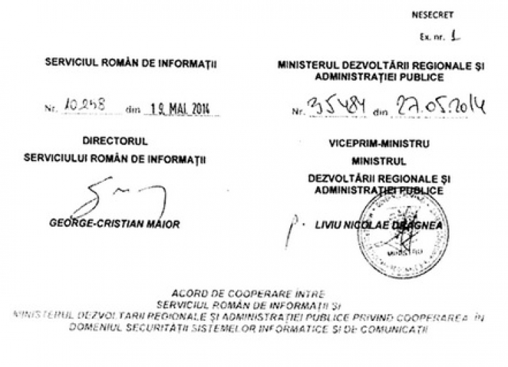 Dovada că Dragnea a semnat ca ministru al Dezvoltării, în 2014, un protocol secret cu SRI / Foto: Facebook.com