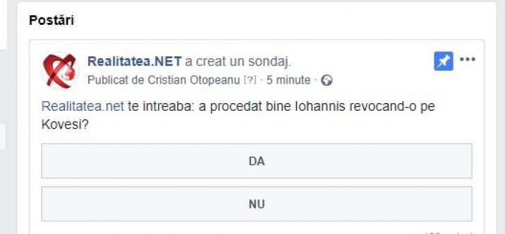 Răspunsul cititorilor realitatea.net la întrebarea "A procedat bine Iohannis revocând-o pe Kovesi?"