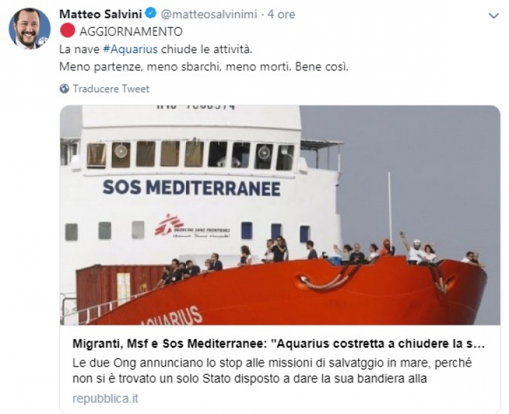 Salvini, reacţie-şoc, se bucură de încetarea misiunii unei nave de salvare a migranţilor  