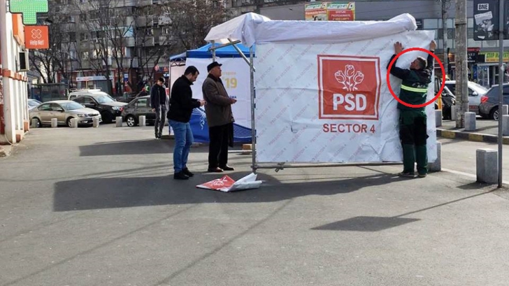 Un angajat al ADP montează un cort al PSD