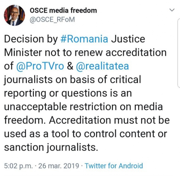 Tudorel Toader, pus la punct de OSCE în legătură cu acreditările pentru Realitatea TV şi Pro TV