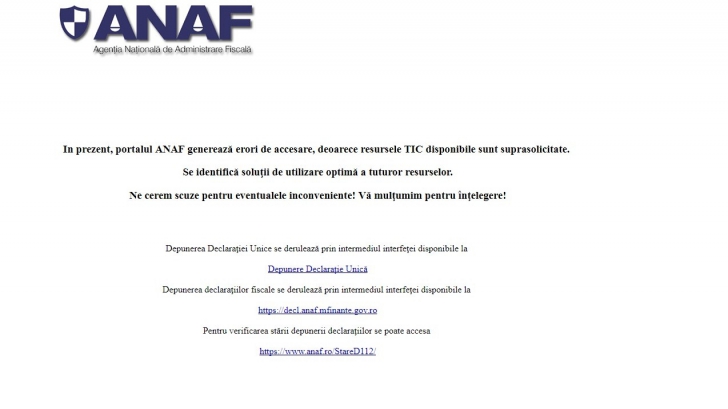 Site-ul ANAF este picat. Mesajul de eroare care apare pe www.anaf.ro