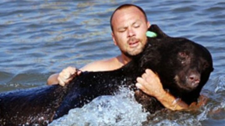 Momentul terifiant în care un bărbat se aruncă în apă după un urs de 170 kg. Ce a urmat e teribil!