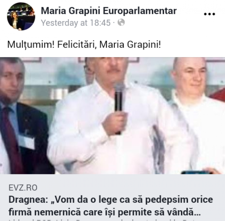 Maria Grapini s-a felicitat singură pe Facebook: "Felicitări, Maria Grapini!"
