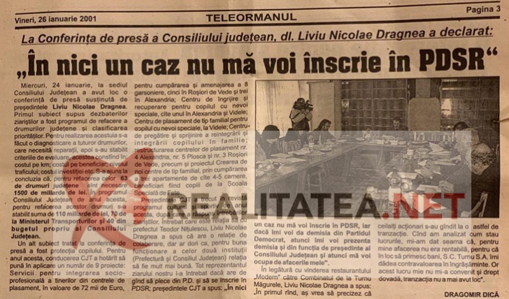 Ziarul Teleormanul din 26 ianuarie 2001. Foto: realitatea.net
