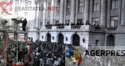 Motivul pentru care camerele video TVR au tremurat la mitingul din Piata Palatului este vizibil in aceasta imagine (21 decembrie 1989). Reproducere foto Agerpres