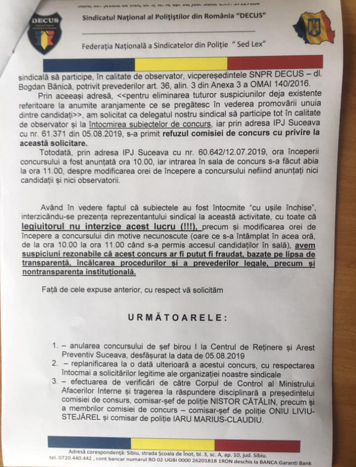 Sindicalistul Bogdan Bănică acuză Poliția din Suceava fraudarea unui concurs 