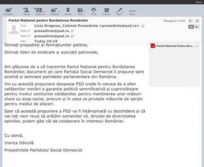 Dăncilă i-a trimis un mail oficial lui Ponta, semnat "Liviu Dragnea Cabinet Președinte"