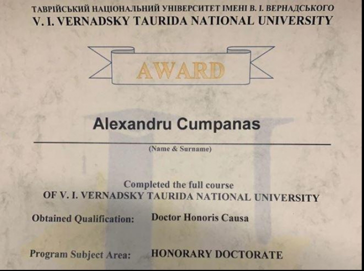 Cumpănașu se laudă cu o diplomă Honoris Cauza. I-au greșit numele! Cine i-a eliberat-o!