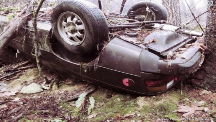 Mașină dispărută în urmă cu 27 de ani, găsită într-o pădure, înfiptă în pom. Oribil ce era lângă ea!