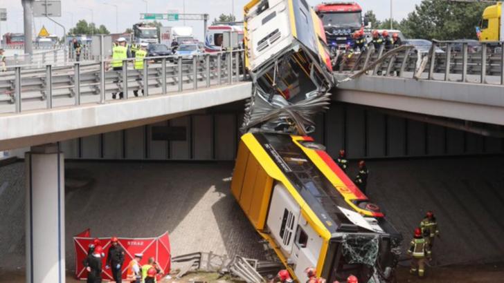 Accident GRAV în Polonia: un MORT și cel puțin 20 de RĂNIȚI după ce un autobuz a alunecat de pe un pod în Varșovia Foto: polandin.com/tvn24.pl
