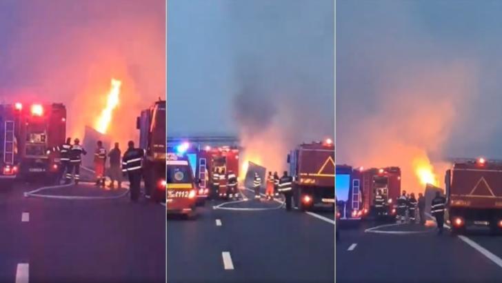 Un camion plin cu lemne a luat foc pe Autostrada A1. Circulația în zonă, întreruptă