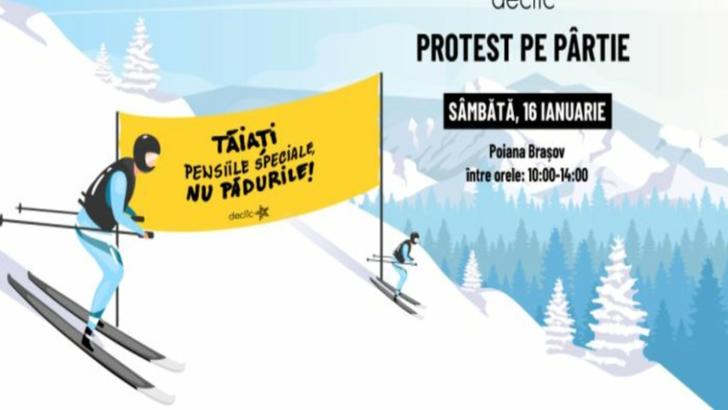  Protest pe schiuri: ”Tăiați pensiile speciale, nu pădurile!”, astăzi, în Poiana Brașov 