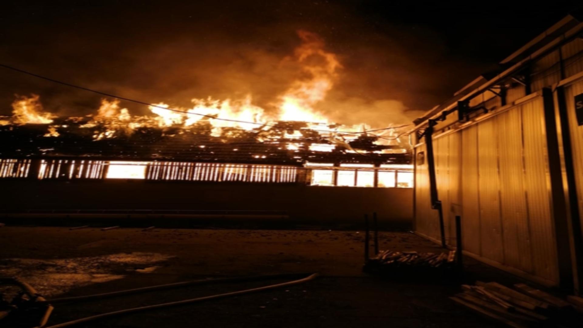 Incendiu la o fabrică de mobilă din Mureș. Foto: Realitatea de Mureș