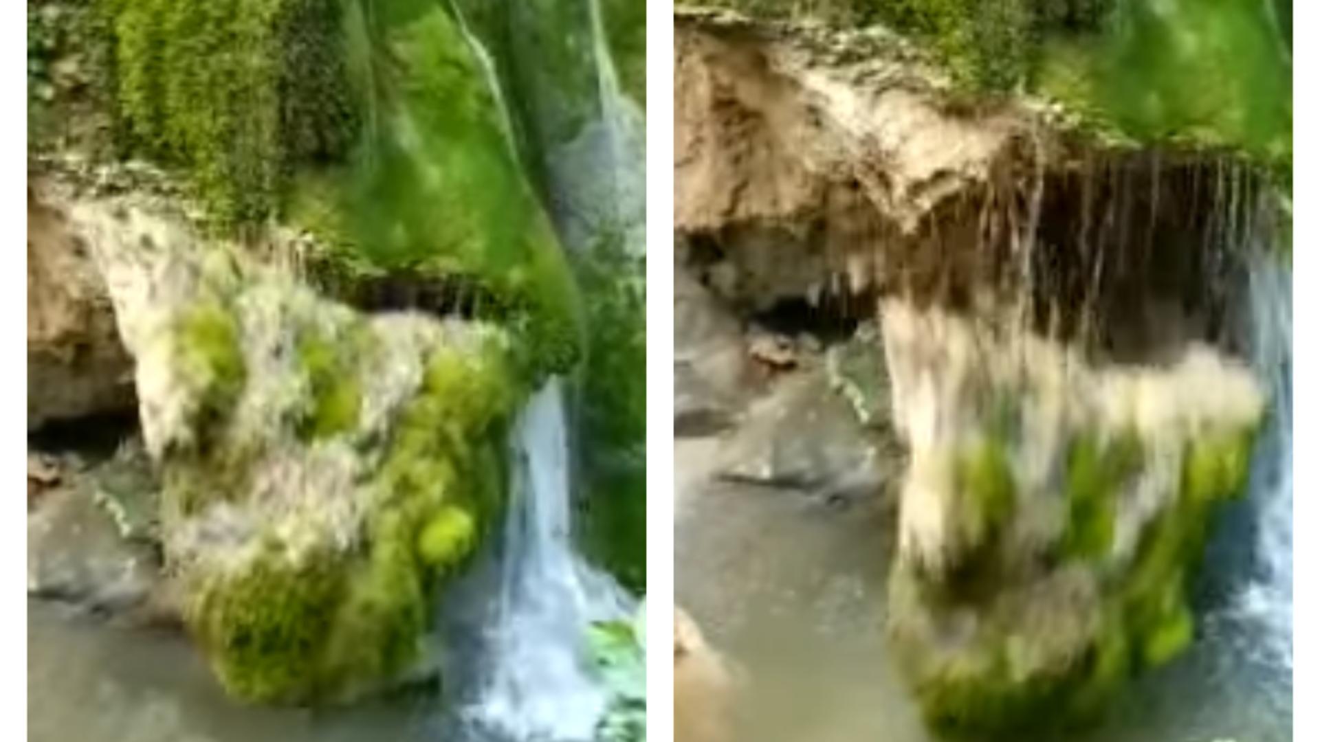 Momentul ruperii unei  bucăți din Cascada Bigăr (captură video)