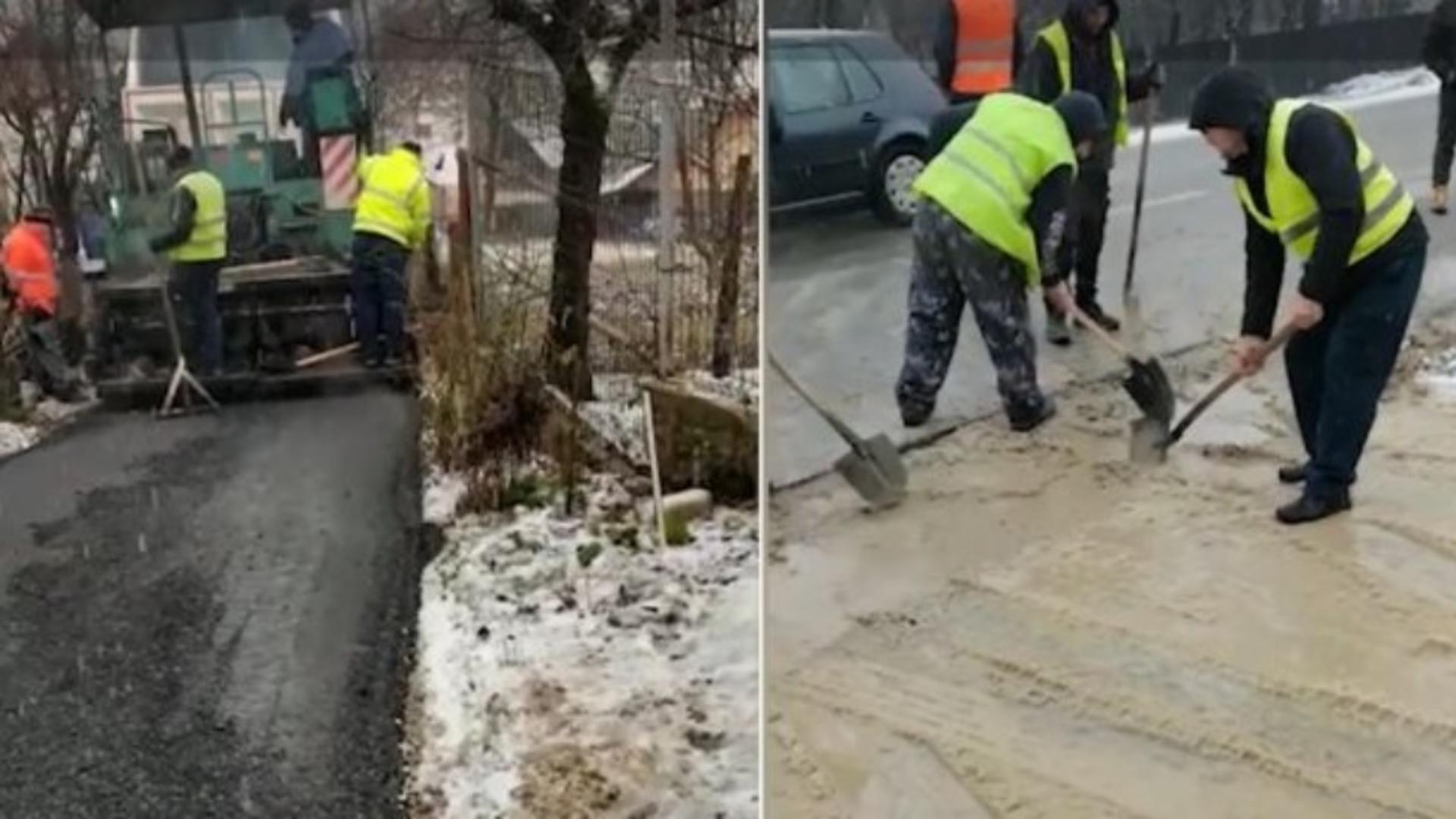 Angajaţi surprinşi turnând asfalt peste zăpadă şi noroi