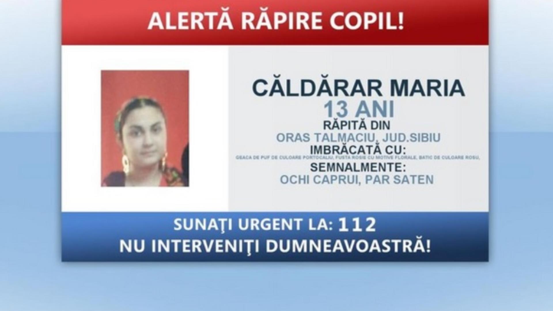 Alertă în țară: o minoră de 13 ani, din Sibiu, a fost răpită