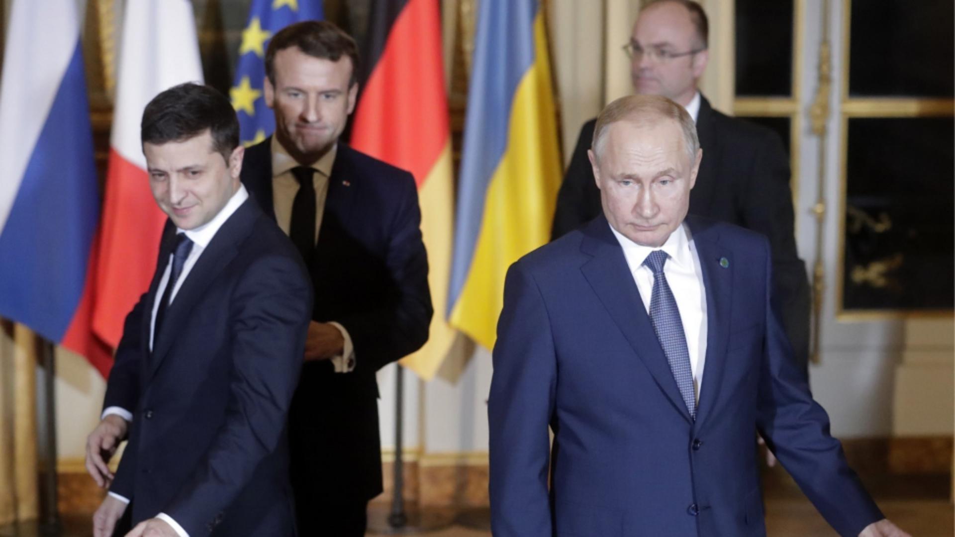 Volodimir Zelenski, Emmanuel Macron si Vladimir Putin